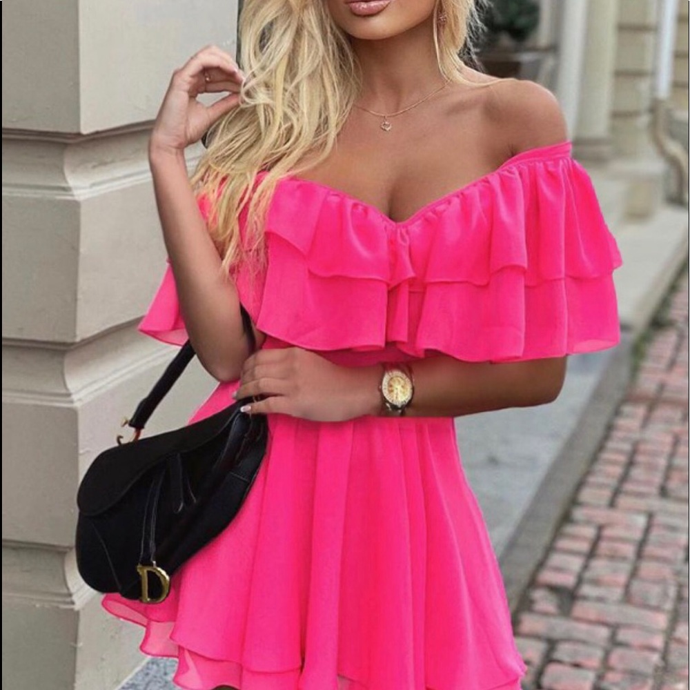 Off shoulder ruffle fit and flair dress 👗